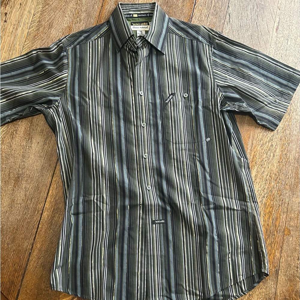 Ecko Unltd Mens Striped Button Down Shirt Short Sleeve Green Gold Lurex Small‎